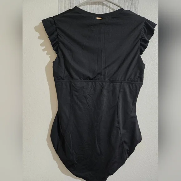 Anne Cole Black Zip-Front Ruffle Sleeve One-Piece Swimsuit - Picture 3 of 7